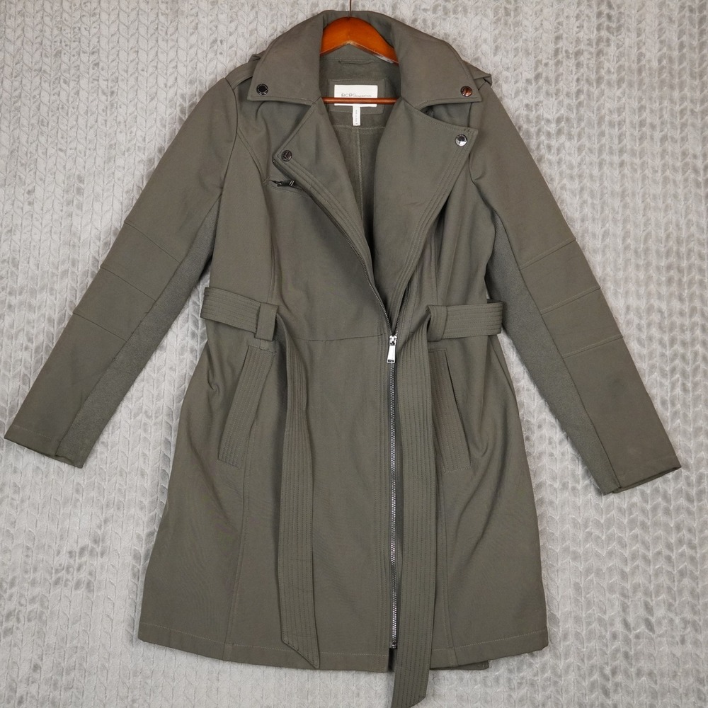 BCBGeneration Moto Trench Coat Womens M Olive Green Removable Hood Belted Mixed